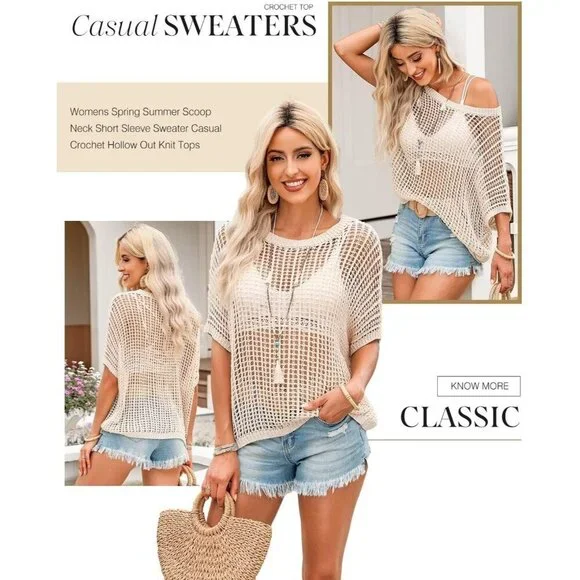 Womens Summer Crochet Coverup Knit Top Short Sleeve Beachwear Casual Lightweight - Picture 4 of 5